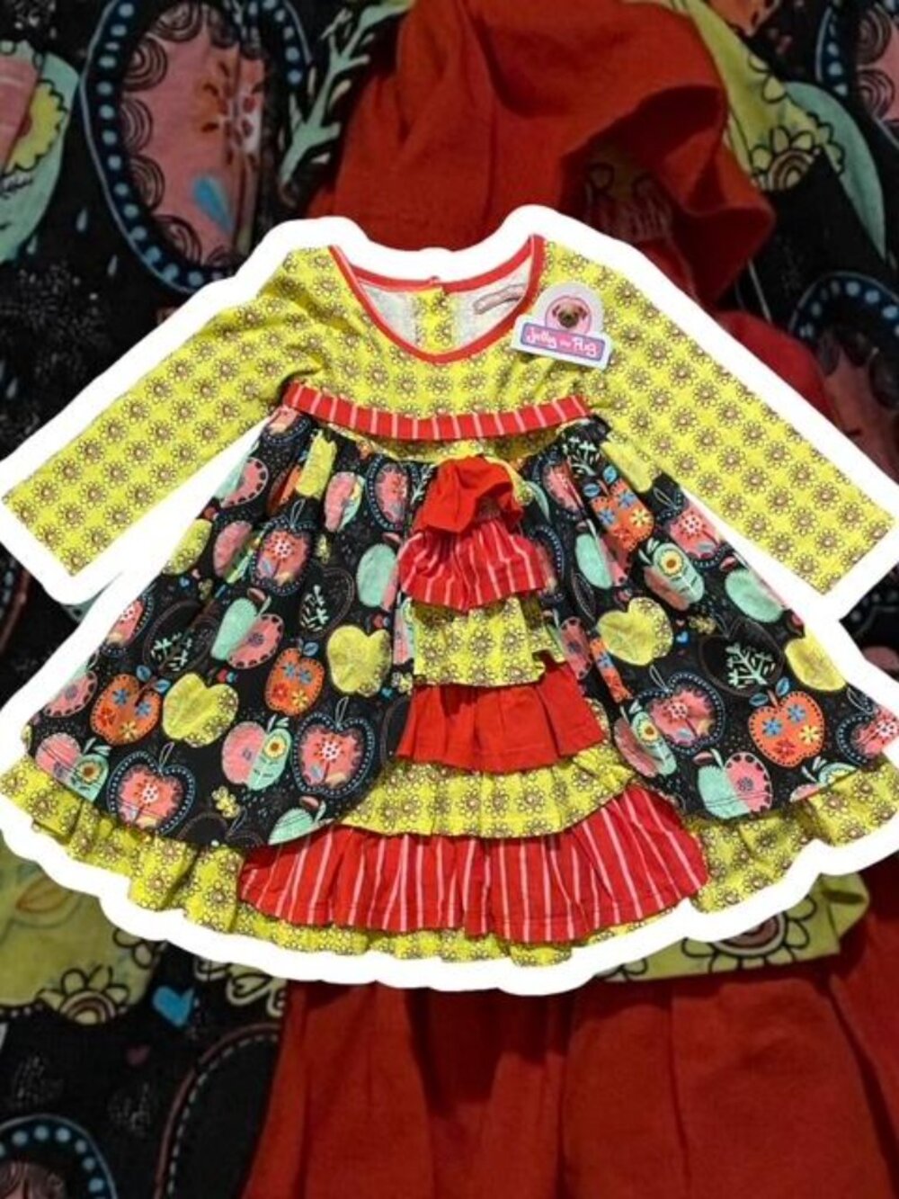 NWT New with Tag Jelly The Pug Girls 5 Holiday Ruffled Dress Apples Size 2T - Picture 2 of 5